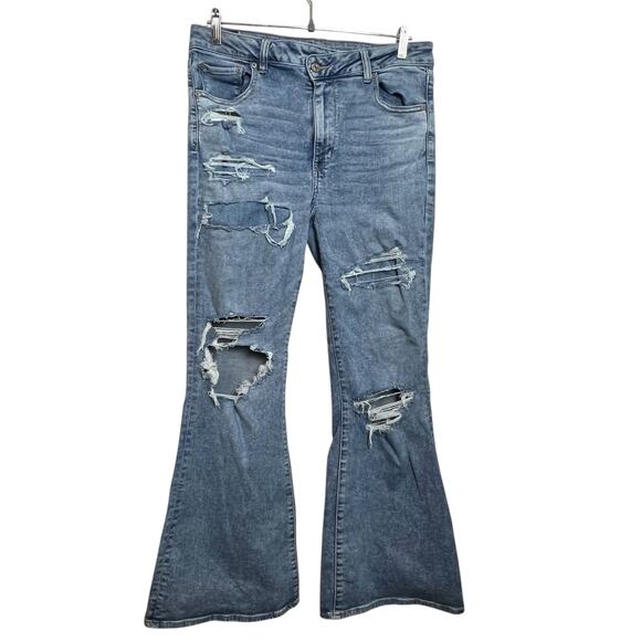 American Eagle Super Hi-Rise Flare Jeans Women 14 Distressed Next Level Stretch - Picture 1 of 15
